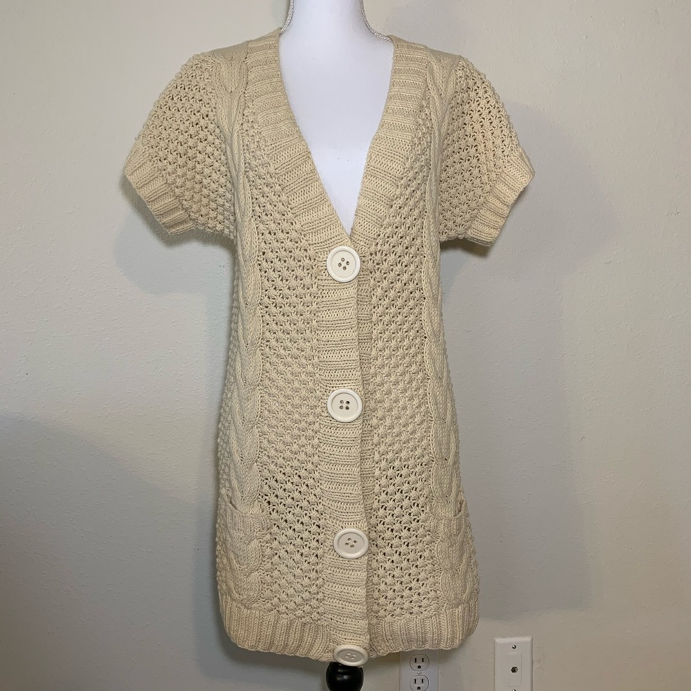 C Concept long cable knit cardigan big snap button